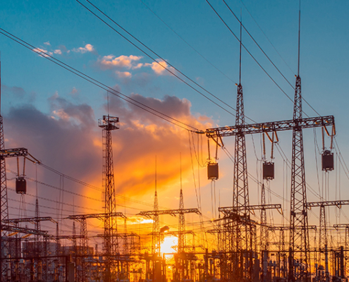 electric substation with power lines and transformers